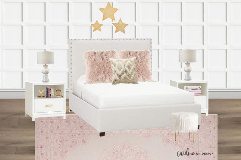 pink, white and gold bedroom
