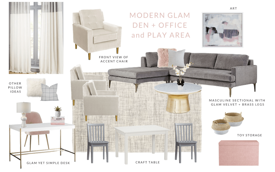 E Design Service Caroline On Multifunctional Modern Glam Den Office And Playroom Design