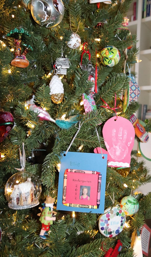 Homemade ornaments on a Christmas tree.