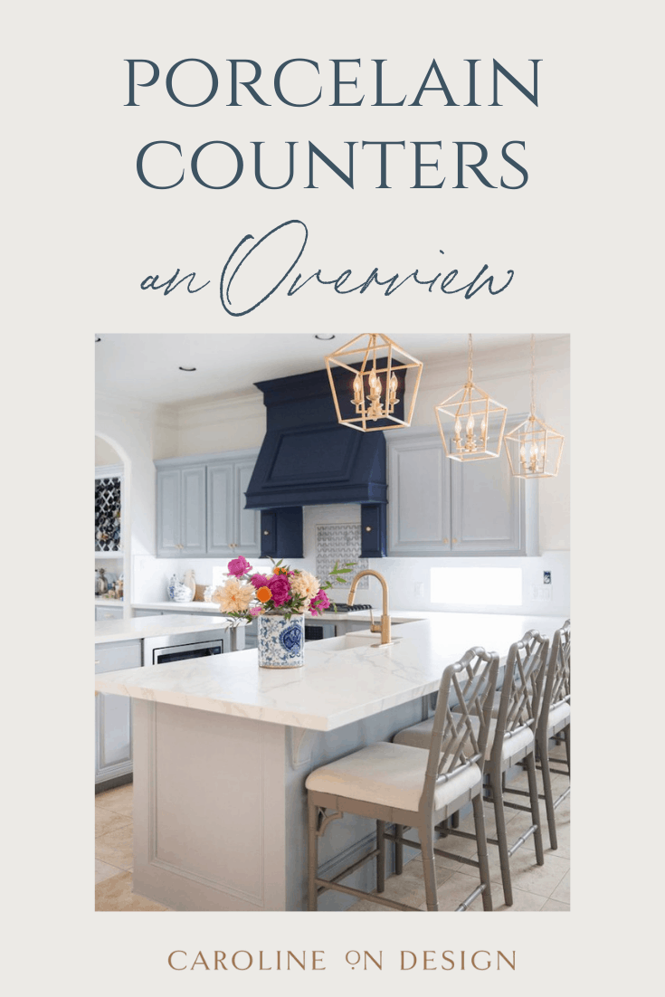 Pinterest pin featuring a beautiful kitchen with porcelain countertops