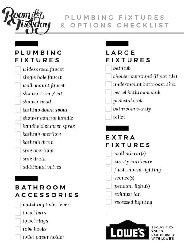 Checklist for all plumbing fixtures and bathroom hardware.