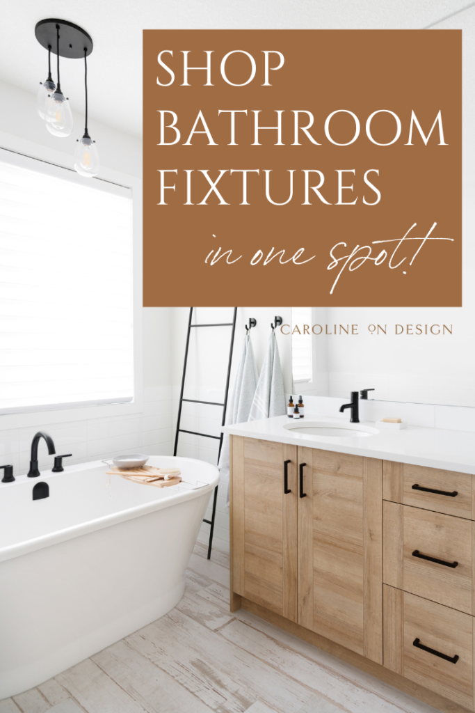 Photo of bathroom fixtures with text overlay about shopping for fixtures.